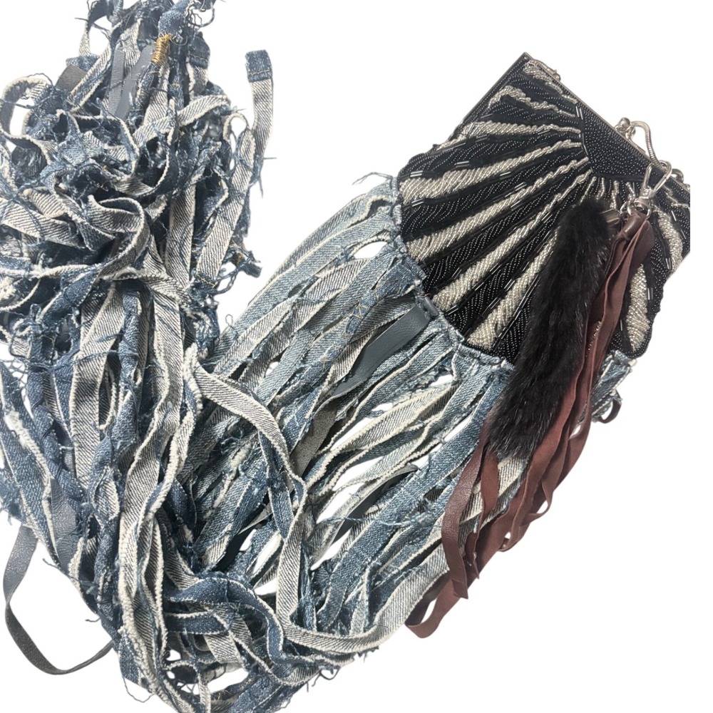 MAME Bespoke Reworked Vintage Beaded‎ Crossbody Bag Fringe & Mink Tail firm - Picture 3 of 15